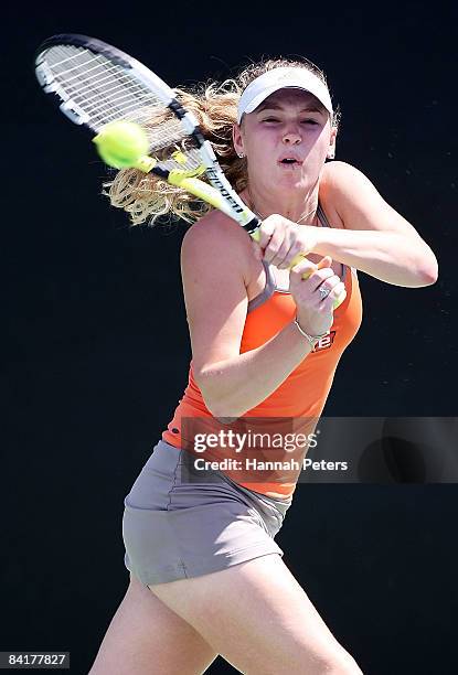 Caroline Wozniacki of Denmark plays a backhand in her match against Alberta Brianti of Italy during day two of the ASB Classic at ASB Tennis Centre...