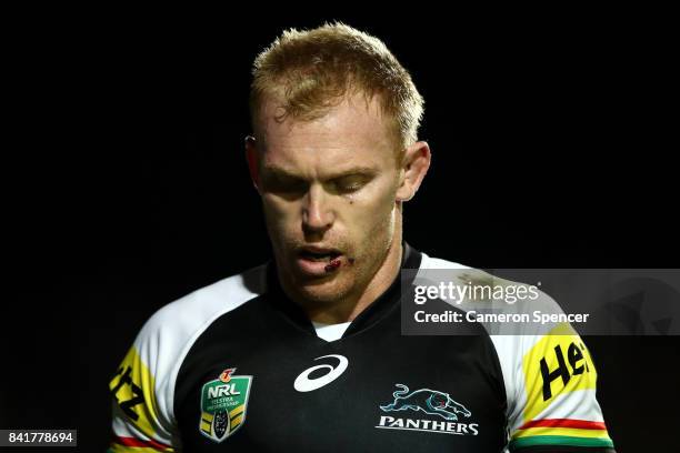 Pete Wallace of the Panthers looks dejected during the round 26 NRL match between the Manly Sea Eagles and the Penrith Panthers at Lottoland on...