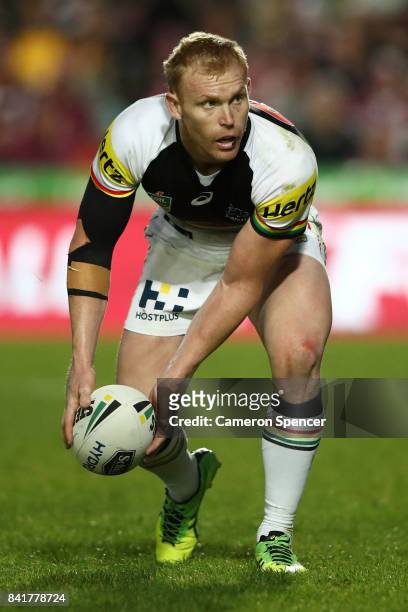 Pete Wallace of the Panthers passes during the round 26 NRL match between the Manly Sea Eagles and the Penrith Panthers at Lottoland on September 2,...