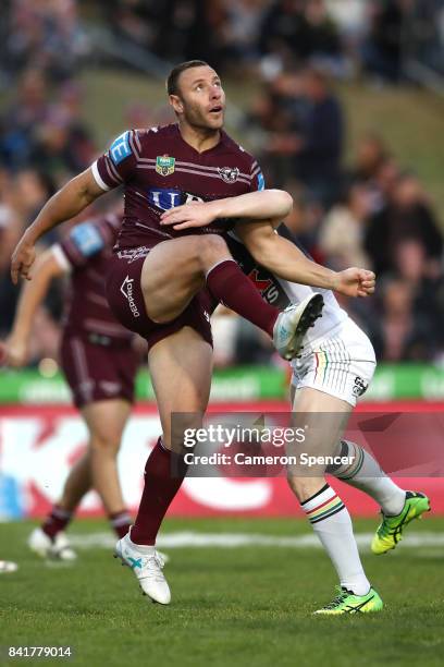 Blake Green of the Sea Eagles kicks during the round 26 NRL match between the Manly Sea Eagles and the Penrith Panthers at Lottoland on September 2,...