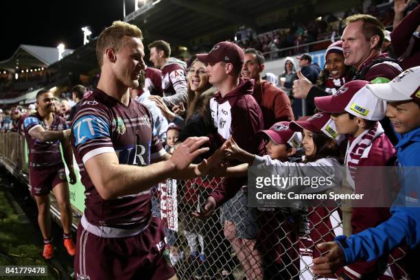 Daly Cherry-Evans of the Sea Eagles thanks fans after winningthe round 26 NRL match between the Manly Sea Eagles and the Penrith Panthers at...