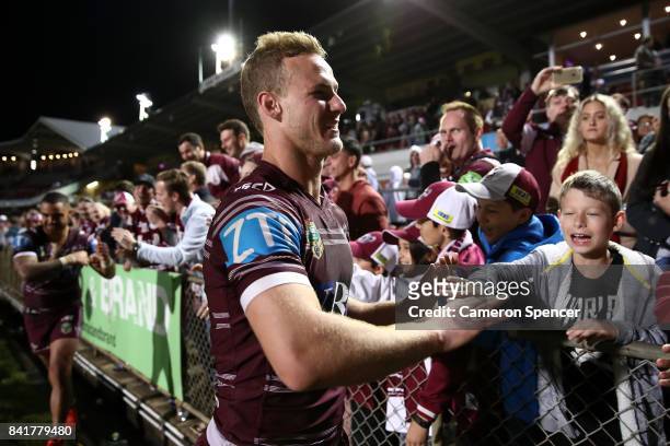 Daly Cherry-Evans of the Sea Eagles thanks fans after winningthe round 26 NRL match between the Manly Sea Eagles and the Penrith Panthers at...