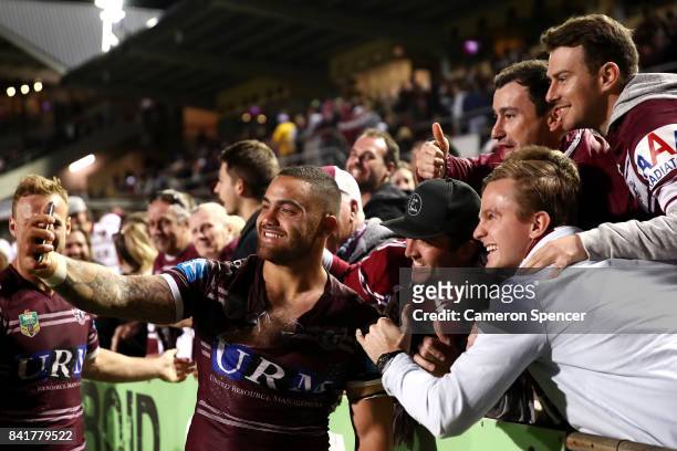 Dylan Walker of the Sea Eagles thanks fans after winning the round 26 NRL match between the Manly Sea Eagles and the Penrith Panthers at Lottoland on...