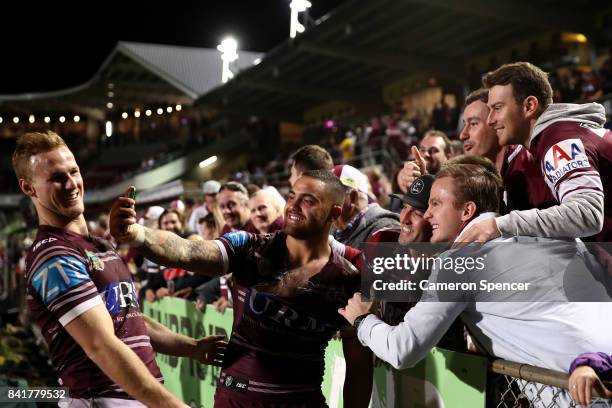 Dylan Walker of the Sea Eagles thanks fans after winning the round 26 NRL match between the Manly Sea Eagles and the Penrith Panthers at Lottoland on...