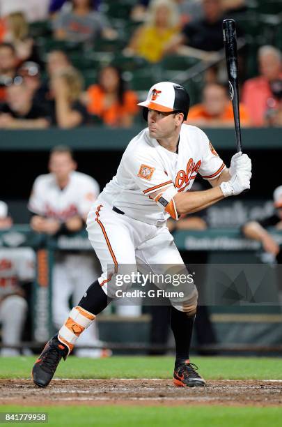 Seth Smith of the Baltimore Orioles bats against the Oakland Athletics at Oriole Park at Camden Yards on August 22, 2017 in Baltimore, Maryland.