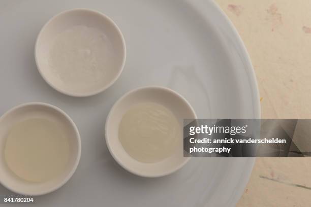 a gel, a foam and a sauce made each time from agar, water and lemon juice. - petri schaal stockfoto's en -beelden