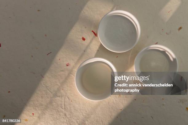 a gel, a foam and a sauce made each time from agar, water and lemon juice. - petri schaal stockfoto's en -beelden