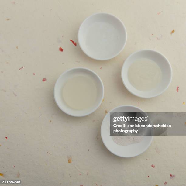 a gel, a foam and a sauce made each time from agar, water and lemon juice. - petri schaal stockfoto's en -beelden