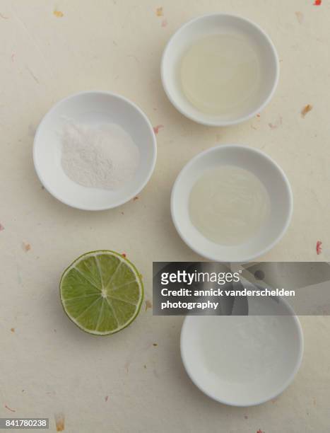 a gel, a foam, a sauce, agar powder and half a lime. - petri schaal stockfoto's en -beelden