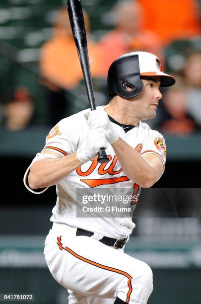 Seth Smith of the Baltimore Orioles bats against the Seattle Mariners at Oriole Park at Camden Yards on August 29, 2017 in Baltimore, Maryland.