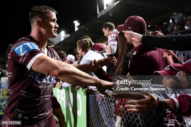 Brenton Lawrence of the Sea Eagles thanks fans after winning the round 26 NRL match between the Manly Sea Eagles and the Penrith Panthers at...