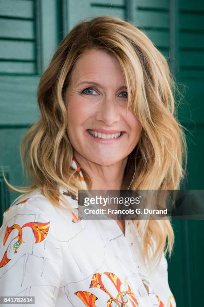 Actress Laura Dern poses in front of her dedicated beach locker room on the Promenade des Planches during the 43rd Deauville American Film Festival...