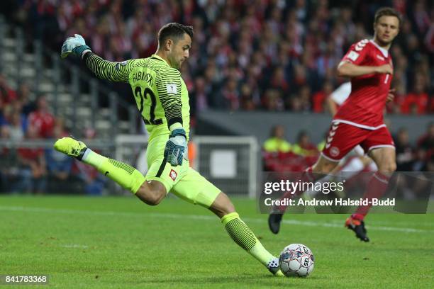 Lukasz Fabianski of Poland in action during the FIFA 2018 World Cup Qualifier between Denmark and Poland at Parken Stadion on September 1, 2017 in...