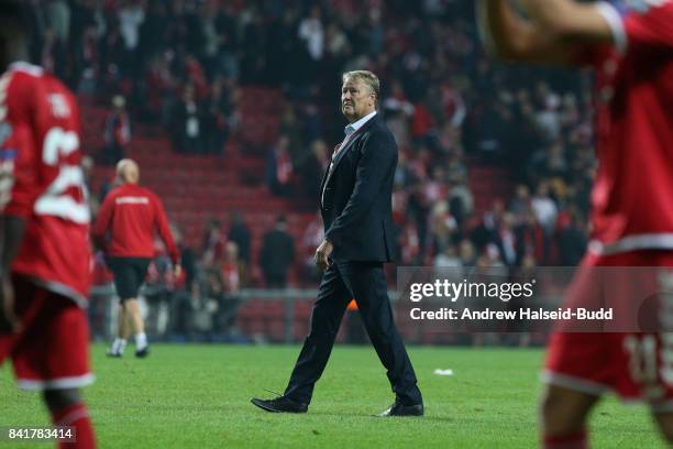 Aage Hareide the manager of Denmark after the FIFA 2018 World Cup Qualifier between Denmark and Poland at Parken Stadion on September 1, 2017 in...