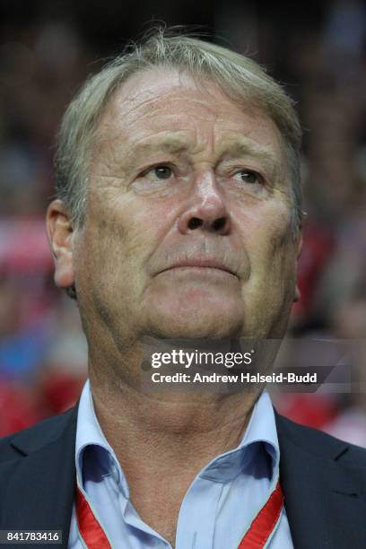 Aage Hareide the manager of Denmark before the FIFA 2018 World Cup Qualifier between Denmark and Poland at Parken Stadion on September 1, 2017 in...