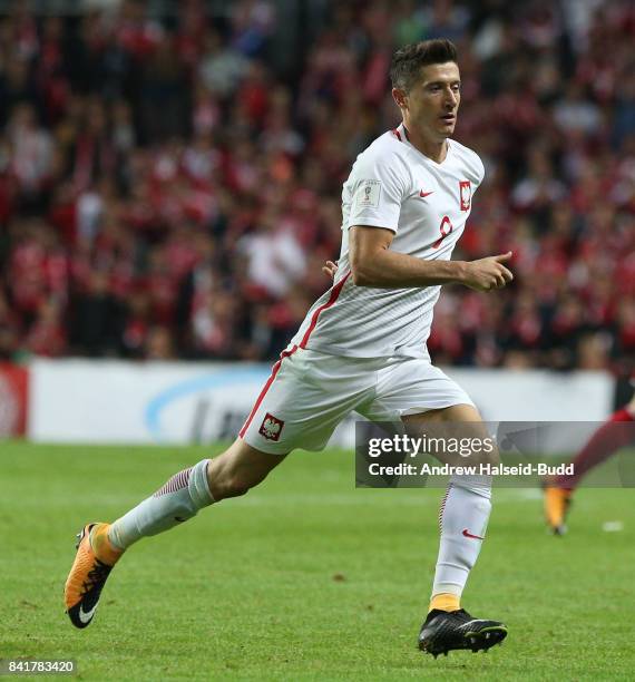 Robert Lewandowski of Poland in action during the FIFA 2018 World Cup Qualifier between Denmark and Poland at Parken Stadion on September 1, 2017 in...