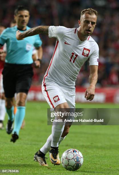 Kamil Grosicki of Poland in action during the FIFA 2018 World Cup Qualifier between Denmark and Poland at Parken Stadion on September 1, 2017 in...