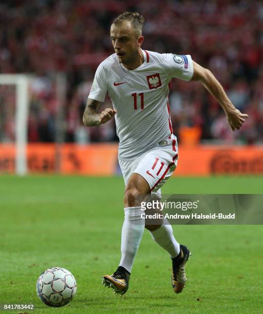 Kamil Grosicki of Poland in action during the FIFA 2018 World Cup Qualifier between Denmark and Poland at Parken Stadion on September 1, 2017 in...
