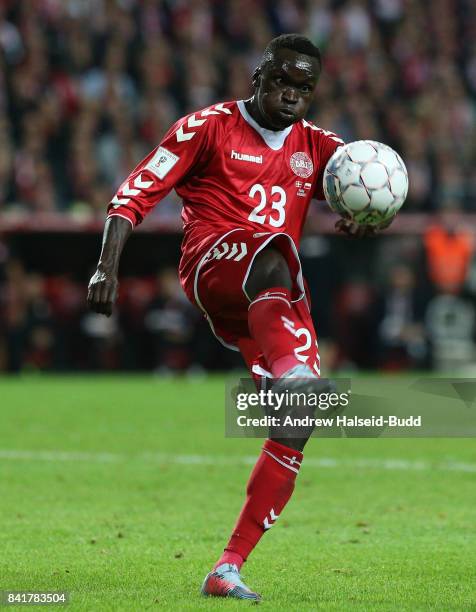 Pione Sisto of Denmark in action during the FIFA 2018 World Cup Qualifier between Denmark and Poland at Parken Stadion on September 1, 2017 in...