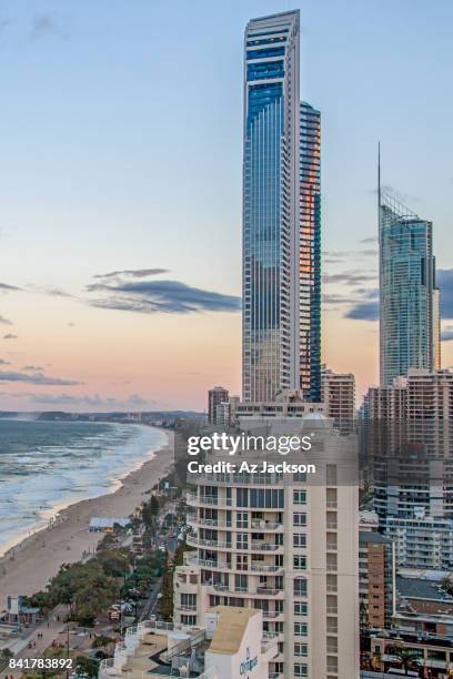 gold coast beach skyline at twilight - gold coast skyline stock pictures, royalty-free photos & images