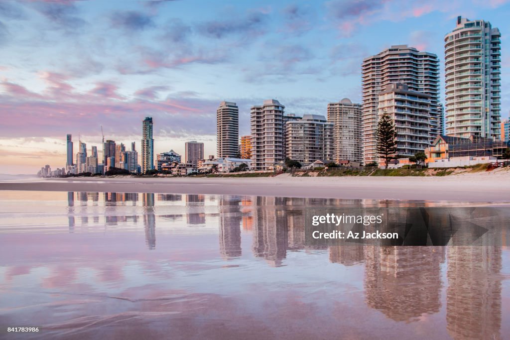Gold Coast skyline at sunset reflecting off the water