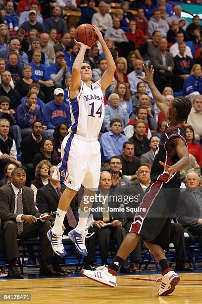Tyrel Reed of the Kansas Jayhawks makes a jumpshot during the game against the New Mexico State Aggies on December 3, 2008 at Allen Fieldhouse in...