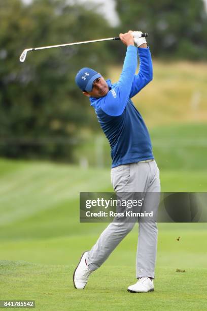 Felipe Aguilar of Chile plays his second shot on the 18th during the continuation of round 2 on day 3 of the D+D REAL Czech Masters at Albatross Golf...