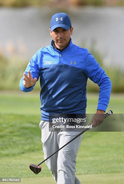 Felipe Aguilar of Chile putts on the 15th green during the continuation of round 2 on day 3 of the D+D REAL Czech Masters at Albatross Golf Resort on...