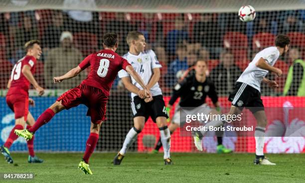 Vladimir Darida of Czech Republic scores his team's first goal during the FIFA 2018 World Cup Qualifier between Czech Republic and Germany at Eden...