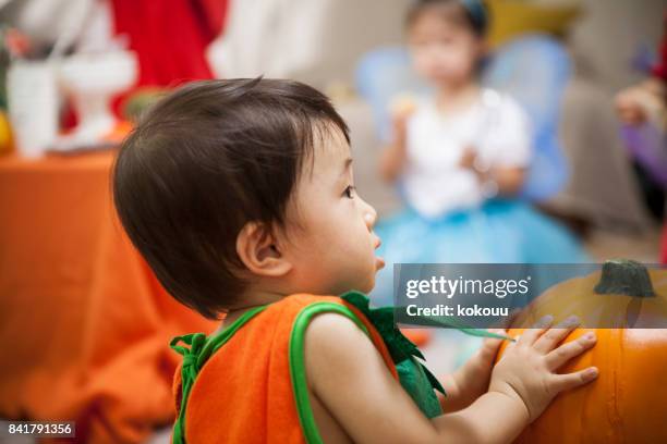 the boy who puts his hand on the pumpkin stares at somewhere. - arm made of vegetables stock pictures, royalty-free photos & images