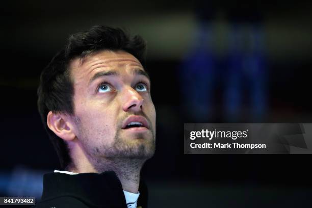 Jolyon Palmer of Great Britain and Renault Sport F1 looks on in the garage during final practice for the Formula One Grand Prix of Italy at Autodromo...