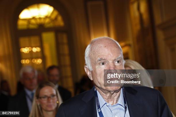 Senator John McCain, a Republican from Arizona, leaves after a session during the Ambrosetti Forum in Cernobbio, Italy, on Saturday, Sept. 2, 2017....