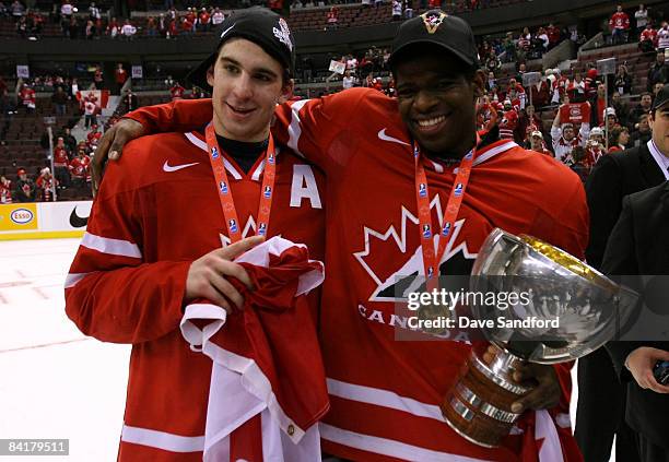 John Tavares and P.K. Subban both of Team Canada celebrate after defeating Team Sweden during the 2009 IIHF World Junior Championships held at...