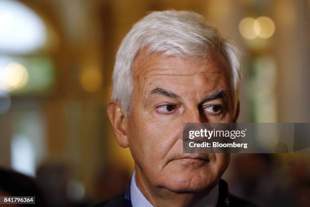 Alessandro Profumo, chief executive officer of Leonardo SpA, speaks to members of the media during the Ambrosetti Forum in Cernobbio, Italy, on...