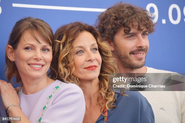 Barbora Bobulova, Carlotta Natoli and Michele Riondino attend the 'Diva!' photocall during the 74th Venice Film Festival on September 2, 2017 in...