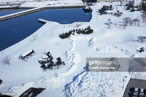 landscape of the harbor with snow - aomori city stock pictures, royalty-free photos & images