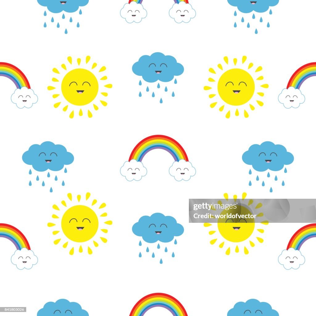Sol De Kawaii Cute Dibujos Animados Nubes Con Lluvia Arco Iris Conjunto  Emoción De Cara Sonriente Bebé Carácter Sin Fisuras Patrón Papel De  Embalaje Plantilla De Textil Fondo Blanco Diseño Plano Ilustración