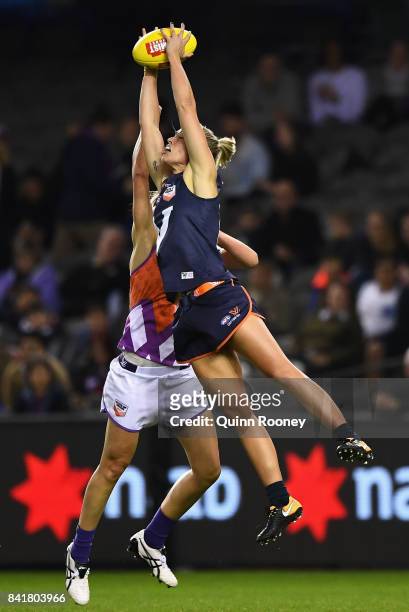 Kaitlyn Ashmore of Victoria marks during the AFL Women's State of Origin match between Victoria and the Allies at Etihad Stadium on September 2, 2017...