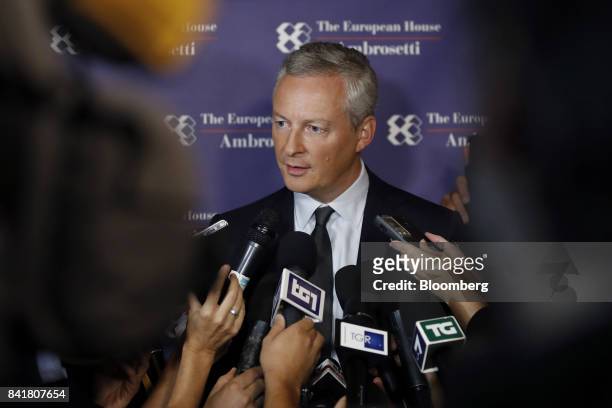 Bruno Le Maire, France's finance minister, speaks to members of the media during the Ambrosetti Forum in Cernobbio, Italy, on Saturday, Sept. 2,...