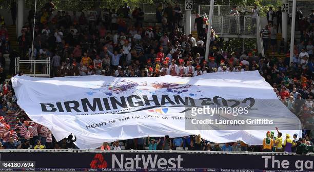 Banner in the ground for Birmingham's bid for the 2022 commonwealth games during the NatWest T20 Blast Semi-Final match between Birmingham Bears and...