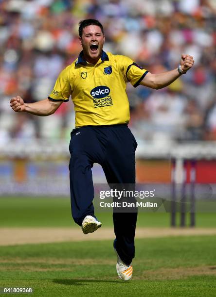 Aaron Thomason of Birmingham celebrates after dismissing David Miller of Glamorgan during the NatWest T20 Blast Semi-Final match between Birmingham...