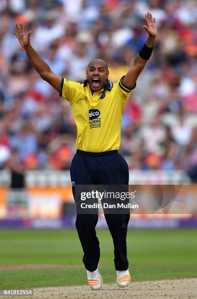 Jeetan Patel of Birmingham appeals during the NatWest T20 Blast Semi-Final match between Birmingham Bears and Glamorgan at Edgbaston on September 2,...