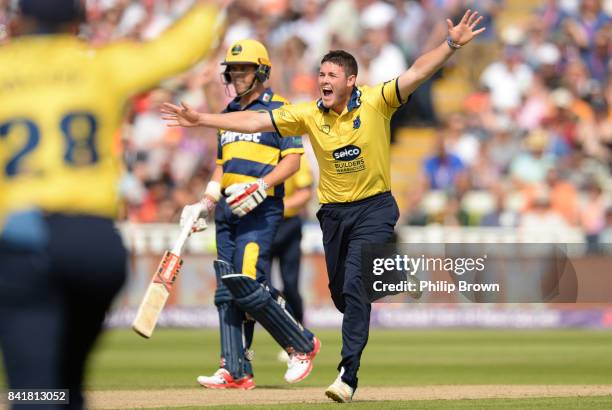 Aaron Thomason of Birmingham celebrates after dismissing David Miller of Glamorgan during the Natwest T20 Blast semi-final match between Birmingham...