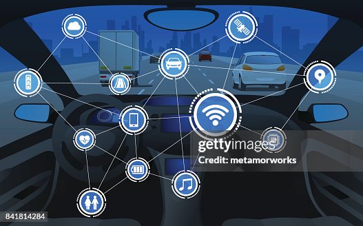Vehicle Cockpit Front View And Wireless Communication Network ...