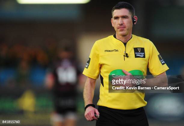 Referee George Clancy during the Guinness Pro14 Round 1 match between Cardiff Blues and Edinburgh Rugby Cardiff Arms Park at on September 1, 2017 in...