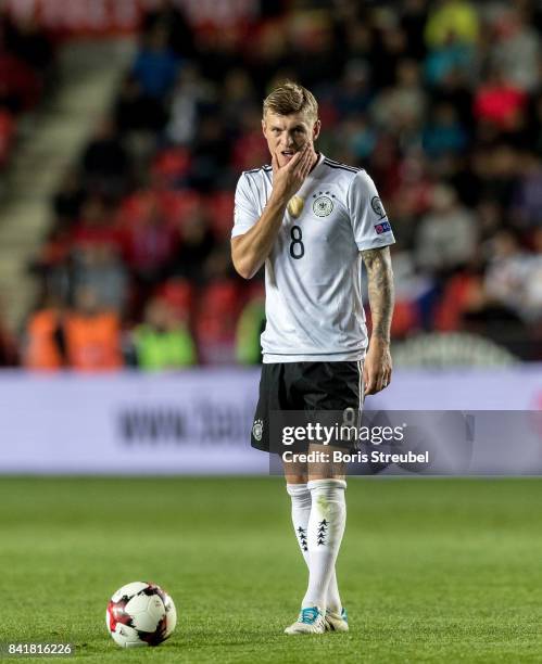 Toni Kroos of Germany reacts before he takes a free-kick during the FIFA 2018 World Cup Qualifier between Czech Republic and Germany at Eden Stadium...
