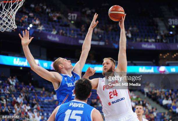 Tryggvi Hlinason of Iceland and Przemyslaw Karnowski of Poland during the FIBA Eurobasket 2017 Group A match between Poland and Iceland on September...