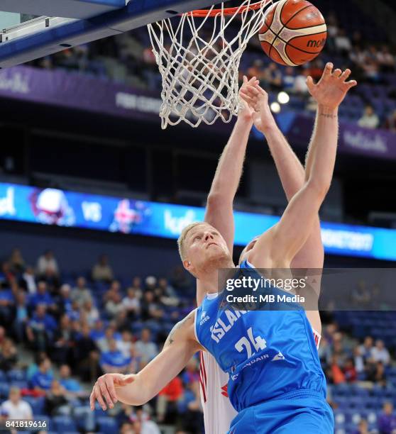 Haukur Palsson of Iceland and Przemyslaw Karnowski of Poland during the FIBA Eurobasket 2017 Group A match between Poland and Iceland on September 2,...