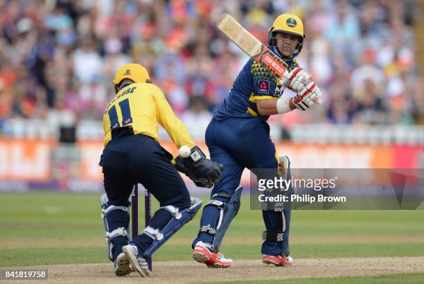 Jacques Rudolph of Glamorgan hits out during the Natwest T20 Blast semi-final match between Birmingham and Glamorgan at Edgbaston cricket ground on...