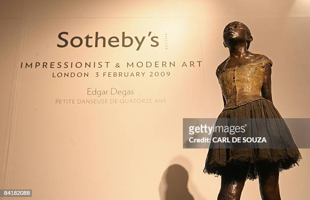 Bronze cast sculpture entitled 'Petite danseuse de quatorze ans' by French artist Edgar Degas is pictured at Sothebys auction house in London, on...
